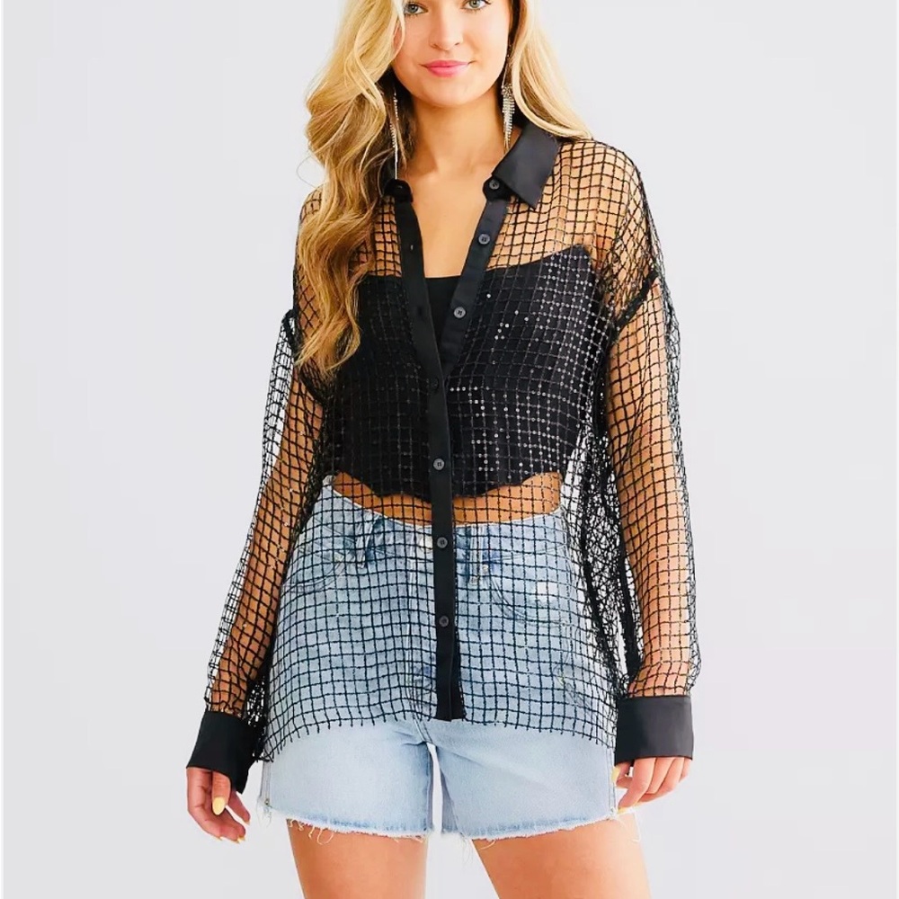 Sheer Black Button-Down Mesh Shirt
